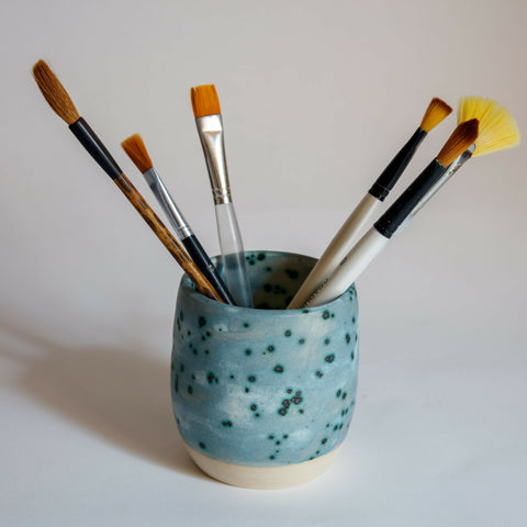 Beaker, Budvase, Pen Pot - Ceramic in matt blue grey, metallic spots with blue halo