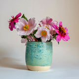 Ceramic beaker / budvase glazed in shades of turquoise and pale green