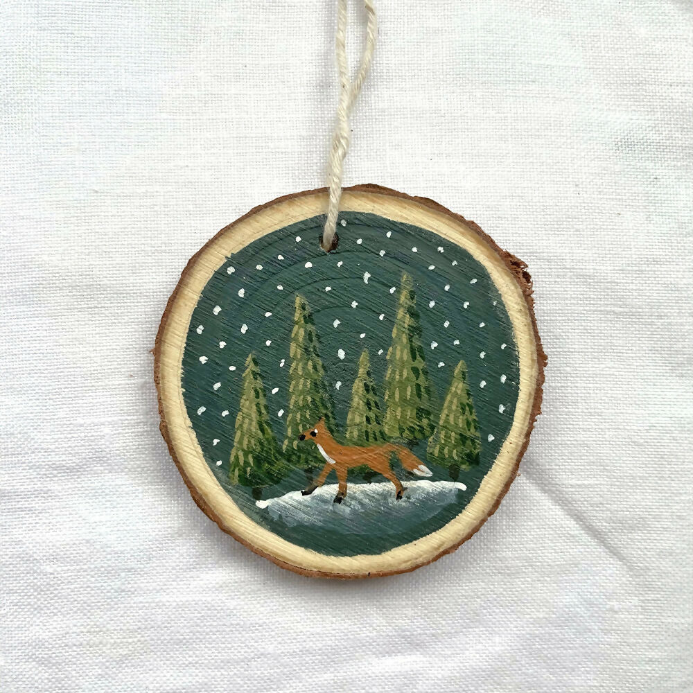 Winter Fox - Hand Painted Wooden Hanging Decoration
