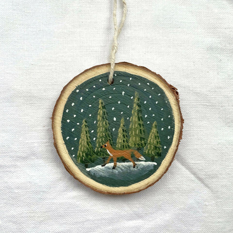 Winter Fox - Hand Painted Wooden Hanging Decoration