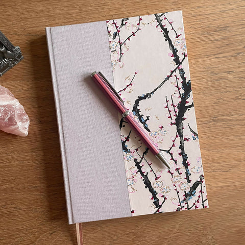 2 - A5 Handbound Journal with plain paper - Light pink with chiyogami