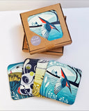 Set of 4 Coasters - Colourful Lino Print Designs