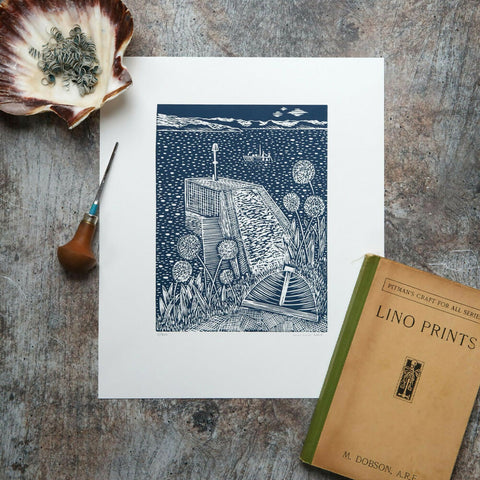 Alliums and Breakwater, The Lugger, Portscatho Limited Edition Lino Print