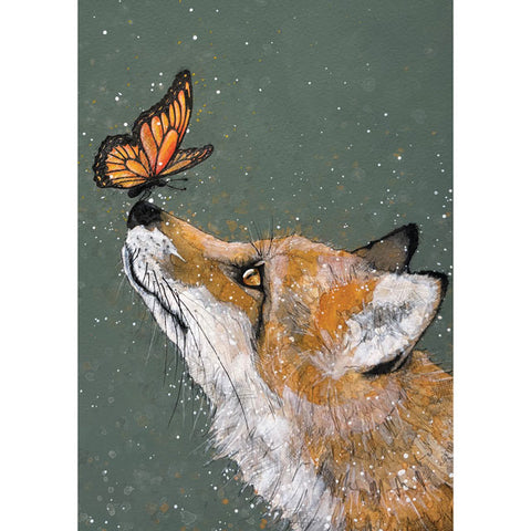The Fox and the Butterfly, A fine art greeting card by painter Bev Davies