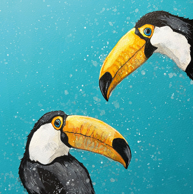Two toucans facing each other against a blue background, from a paintimng by Bev Davies