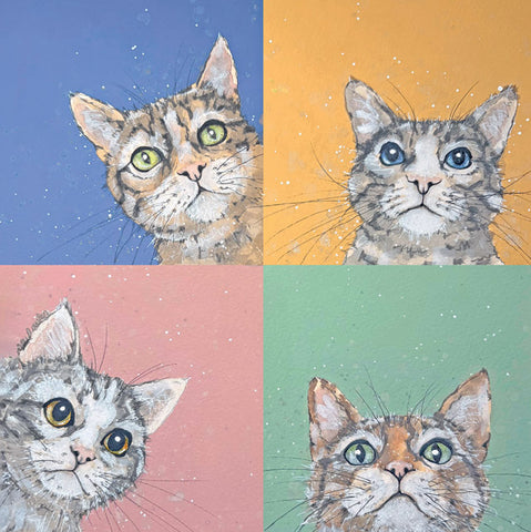 A four-panel artwork showing close-up watercolor-style portraits of tabby cats on different colored backgrounds: blue, orange, pink, and green.