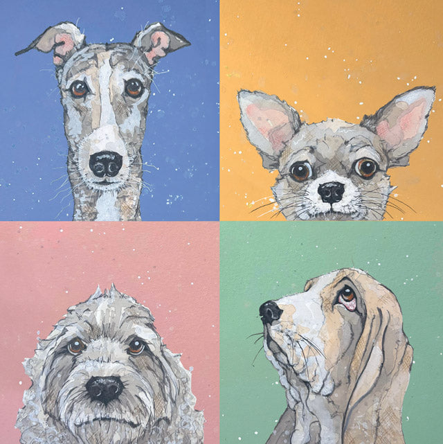 A square four-panel artwork showing illustrated dog portraits on colored backgrounds: a grayhound on blue, a chihuahua on orange, a fluffy light gray dog on pink, and a long-eared beige dog on mint green.