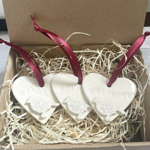 Christmas Decorations, Hearts and Robins - Handmade Ceramic