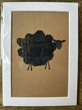 Striped Blue British Wool Fabric Sheep - Mounted Original Artwork with Handwoven Fabric and Hand Painted Watercolour