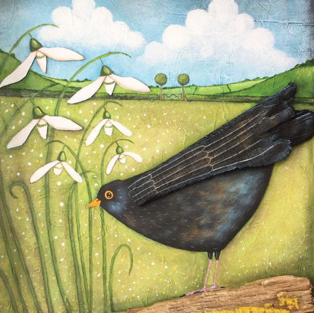 Claire Brierley, Blackbird and Snowdrops, Fine Art Greeting Card