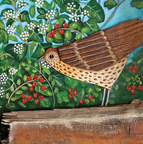 A fine art greeting card by painter Claire Brierley depiciting a bird  with a natural background of leaves and berries