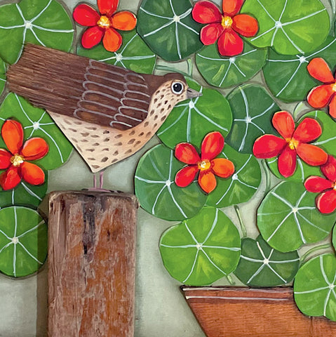 A fine art greeting card by painter Claire Brierley featuring a brown and cream bird perched on a wooden post, surrounded by green round leaves and bright red-orange flowers.