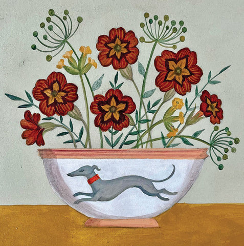 Flowers In The Dog Bowl, A fine art greeting card by painter Catriona Hall
