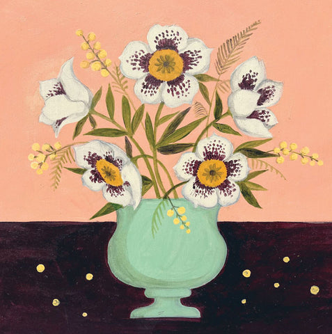 Hellebores In Green Vase, A fine art greeting card by painter Catriona Hall