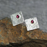 Square Silver and Garnet Stud Earrings