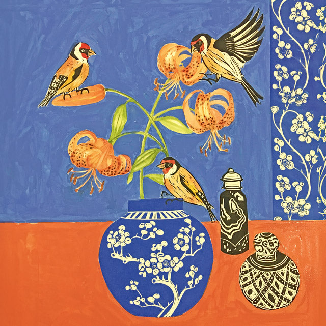 A colorful still life painting featuring four birds perched on and around orange lily flowers in a blue-and-white ceramic vase, with two patterned bottles beside it against a blue and orange background.