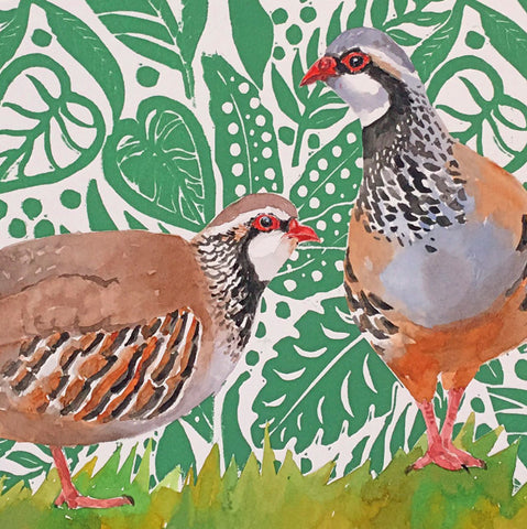 A watercolor-style art print depicting two brown and gray partridges in front of a green tropical leaf pattern background.
