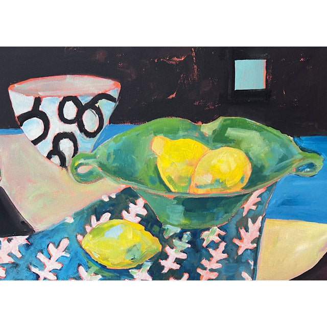An expressive still life painting featuring a green bowl with yellow lemons, a patterned cup, and a blue patterned cloth against a dark background.
