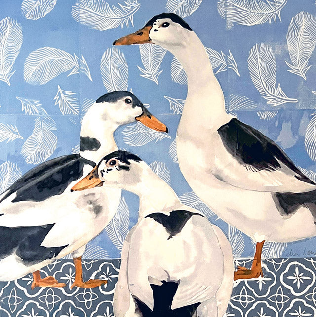 A watercolor-style art print depicting three ducks against a blue background with white feather motifs and a patterned border at the bottom.