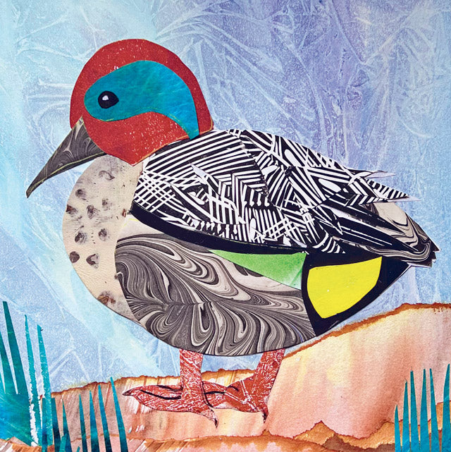 A colorful collage-style artwork of a duck with patterned feathers, a red head, blue eye area, black-and-white striped wings, green and yellow accents, standing on a peach-colored ground against a light blue textured background.
