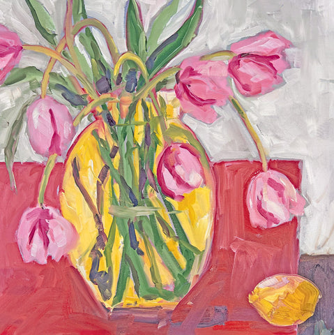 A colorful still life painting of pink tulips in a yellow vase, set against a red and white background with a lemon in the lower right corner.