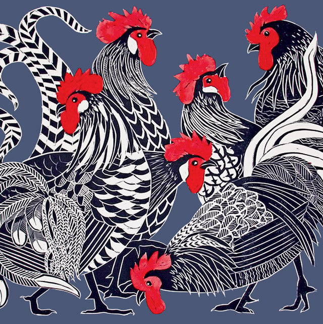 A stylized illustration of several roosters in black, white, and red, arranged across a muted blue background.