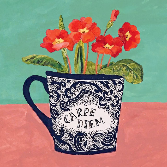 A stylized painting of a navy blue ceramic mug with white scrollwork and the words 'CARPE DIEM' on the front, holding bright red flowers with green leaves against a teal and pink background.