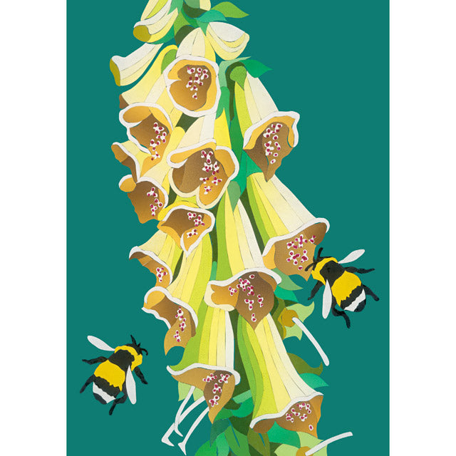 Illustrated floral artwork showing a cluster of pale yellow bell-shaped flowers with green leaves and two bumblebees on a teal background.