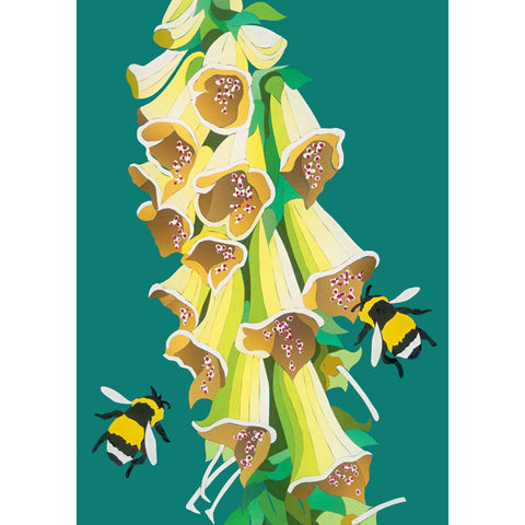 Illustrated floral artwork showing a cluster of pale yellow bell-shaped flowers with green leaves and two bumblebees on a teal background.