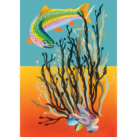 A stylized card depicting a rainbow trout swimming above underwater coral and seaweed, with a turquoise sky at the top and an orange ocean at the bottom.