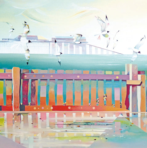 A colorful painting of seagulls flying over and reflected in water beside a pier. A fine art greeting card by painter Cyndi Speer
