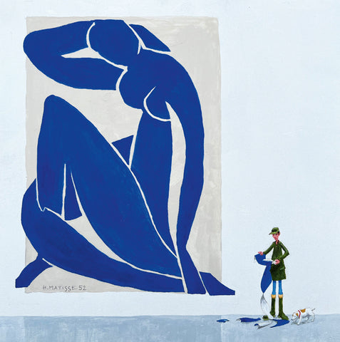 Blue abstract sculpture of a nude figure by Matisse with a small figure in green coat observing it. A fine art greeting card by painter Chris Williamson