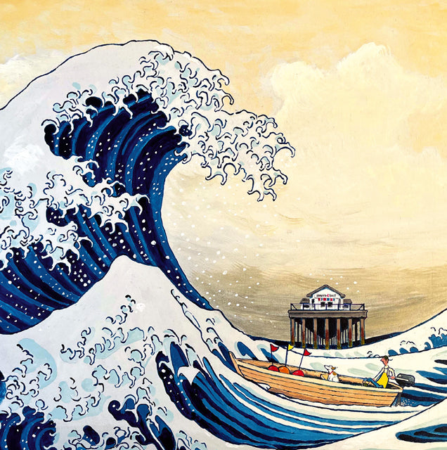 Artistic depiction of a large wave with a building and boat in the foreground. A fine art greeting card by painter Chris Williamson