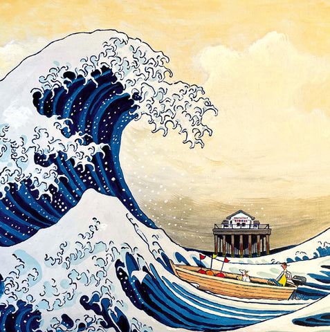 Artistic depiction of a large wave with a building and boat in the foreground. A fine art greeting card by painter Chris Williamson