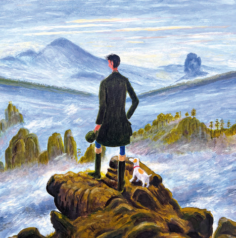 Man and dog standing on a rocky cliff overlooking a landscape with mountains. After Caspar David Friedrich.
