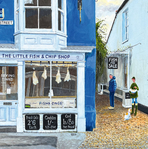 Painting of a fish and chip shop with people outside on a street.