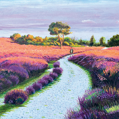 A colorful landscape painting by Chris Williamson of a winding pale path leading through purple lavender fields  under a soft blue and pink sky.