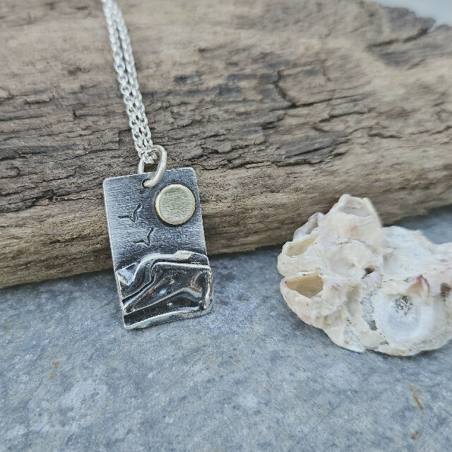 Rectangular Silver Coastal Pendant With Brass Sun