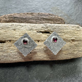 Square Silver and Garnet Stud Earrings