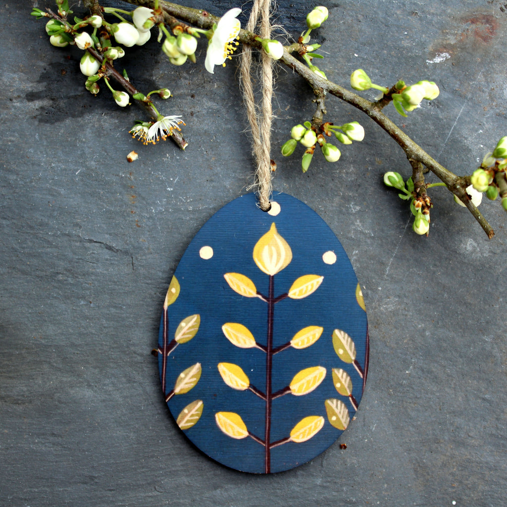 Folk Art Wooden Easter Egg Hanging Decoration - Blue