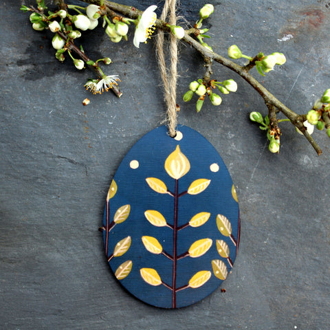 Folk Art Wooden Easter Egg Hanging Decoration - Blue