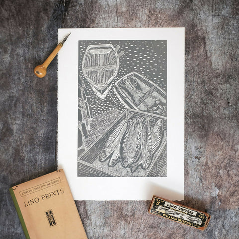 Fresh Mackerel on Quayside, French Grey, Falmouth Cornwall Lino Print