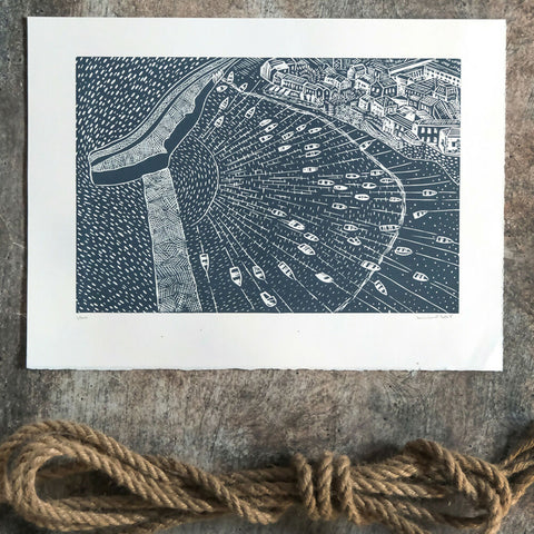 Moorings, Mousehole Harbour Limited Edition Lino Print
