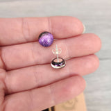 Claire Fernig Spinnaker Glass Gold Purple dichroic glass 925 Silver stud earrings held