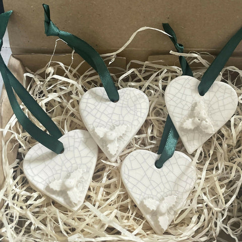 Christmas Decorations, Holly Hearts - Handmade Ceramics