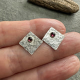 Square Silver and Garnet Stud Earrings