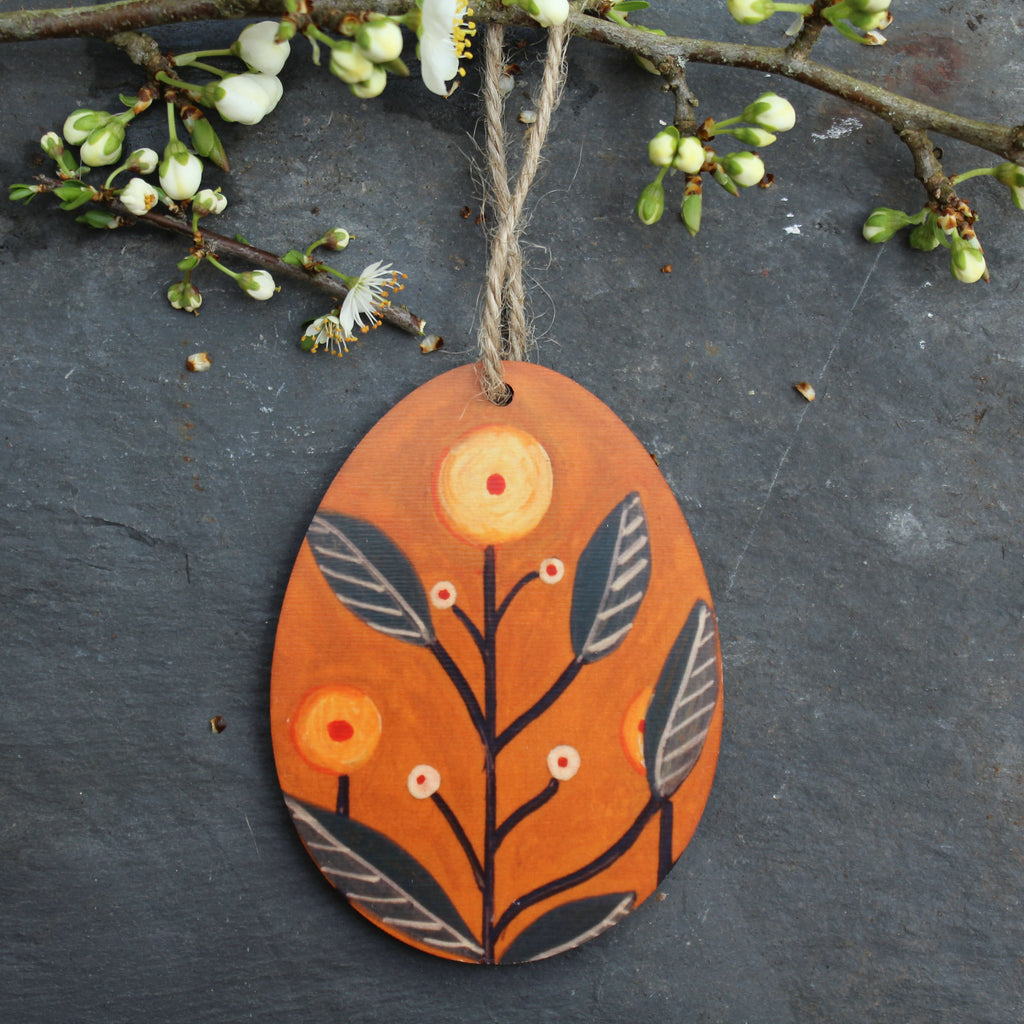 Folk Art Wooden Easter Egg Hanging Decoration - Orange