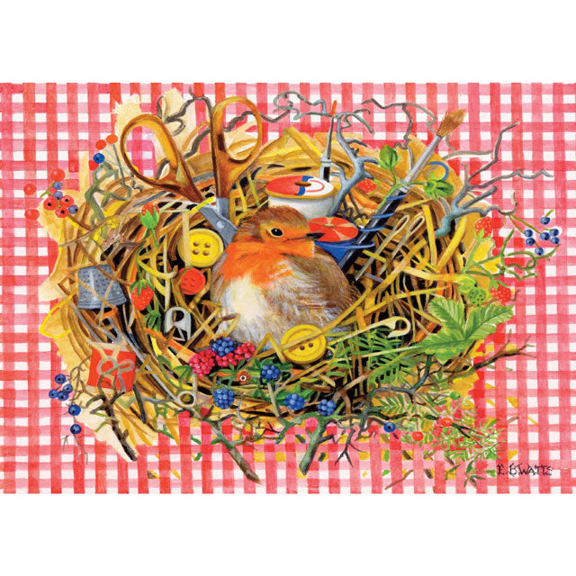 EB Watts, Robin In An All-Sorts Nest, Blank Art Card