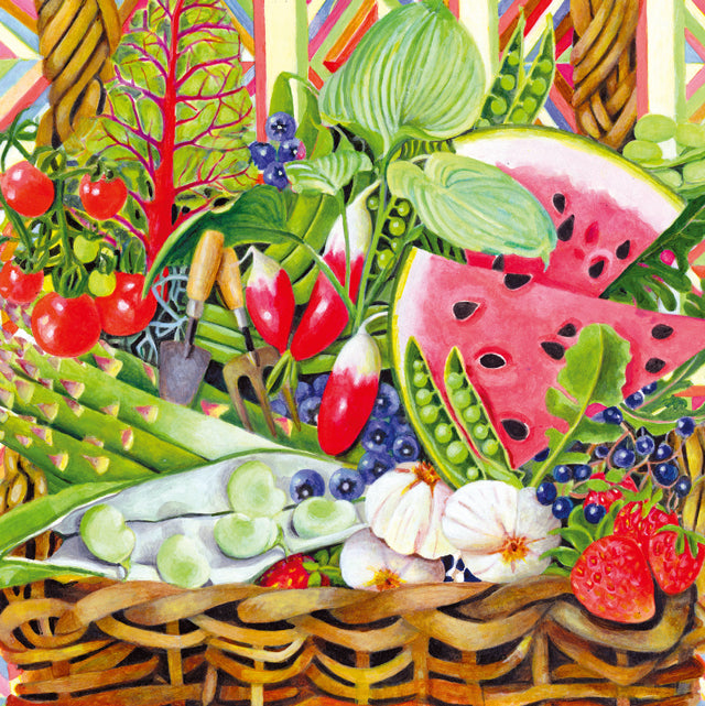 A colorful painted still life greeting card by painter E B Watts of a wicker basket filled with fresh produce, including watermelon slices, strawberries, peas, tomatoes, garlic, blueberries, and leafy greens.