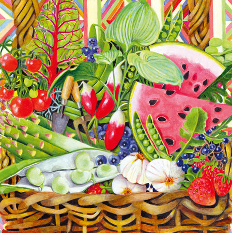 A colorful painted still life greeting card by painter E B Watts of a wicker basket filled with fresh produce, including watermelon slices, strawberries, peas, tomatoes, garlic, blueberries, and leafy greens.